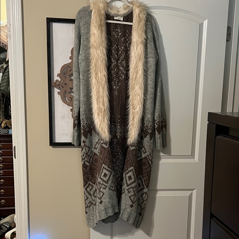 Joyfolie Gray and Brown Cardigan with Faux Fur